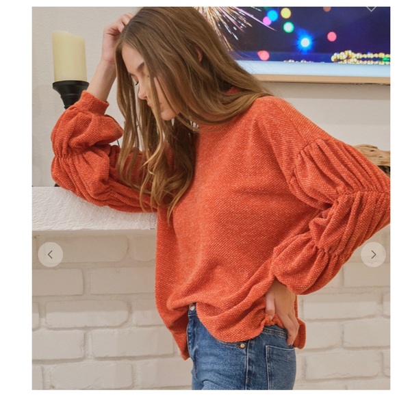 RESTOCK Boho Mock Neck Shirring Balloon Sleeve Knit Top - Picture 3 of 7
